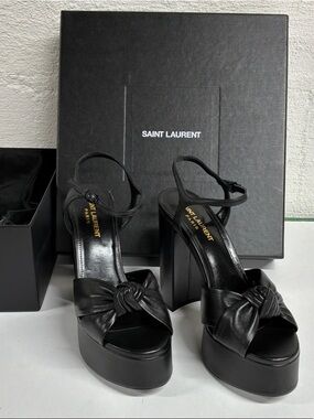 Saint Laurent Black Leather Platform Heels with Ankle Straps